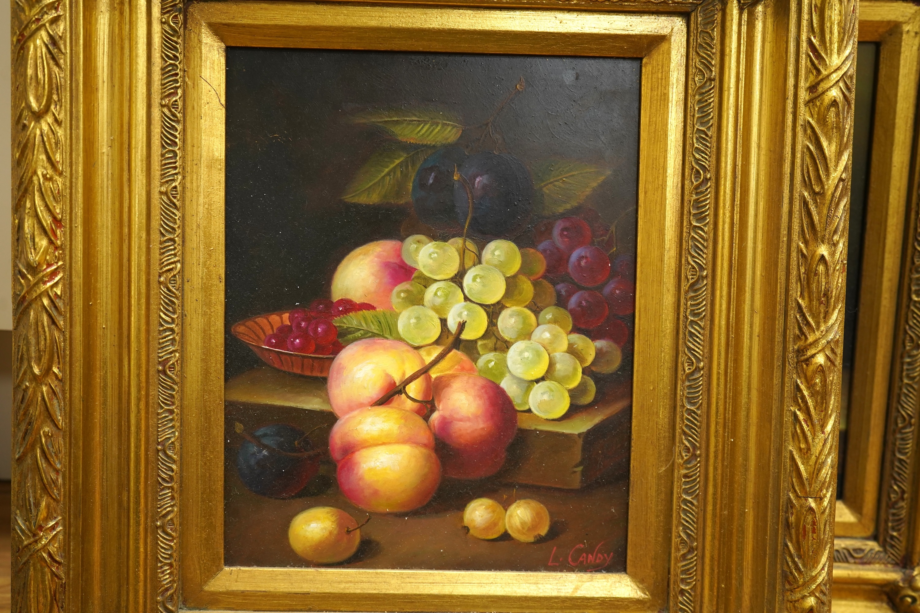 L Candy, Old Master style, Still lifes of fruit and vessels, set of four decorative oils on board, each 25 x 19cm, ornate gilt frames